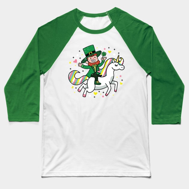 Leprechaun Riding a Unicorn Funny St Patrick's Day Baseball T-Shirt by ghsp